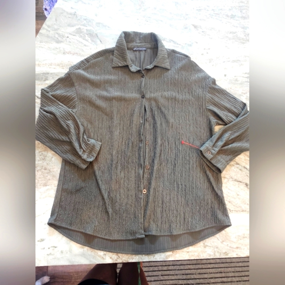 Adrianna Papell Crinkle Textured Button-Down Blouse Taupe Olive Medium